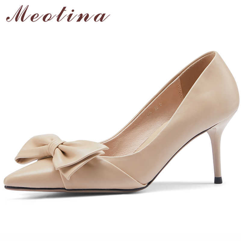 

Meotina Pointed Toe Women Shoes Natural Genuine Leather High Heels Bow Thin Heel Pumps Female Footwear Spring Beige Big Size 43 210608