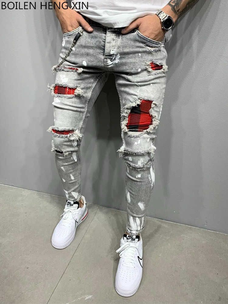 

2021 New Men' Slim-Fit Ripped Jeans Men' Painted Jeans Patch Beggar Pants Jumbo Men' Hip Hop Pants Size -4XL X0621, Black