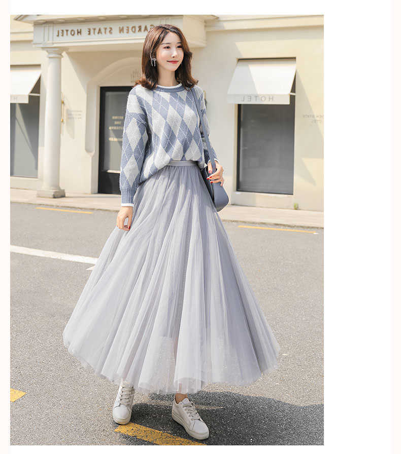 

WERUERUYU Autumn Winter Vintage Tulle Skirt Women Elastic High Waist Mesh Skirts Long Pleated Skirt Female 210608, Picture color