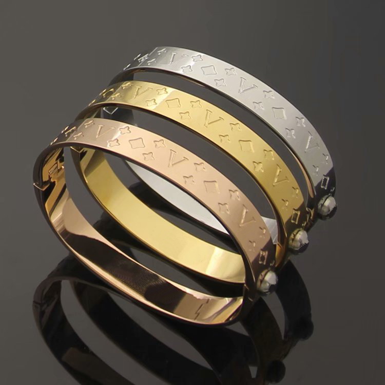 

Europe America Fashion Style Lady Women Titanium steel Engraved Initials Flower Single Rivet Nanogram Cuff Bangle Bracelet M00252