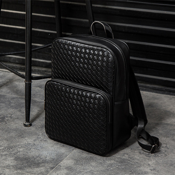 

Factory wholesale men handbag woven backpack simple outdoor leisure plaid leather shoulder bag street trend hand-woven messenger bags, Black3