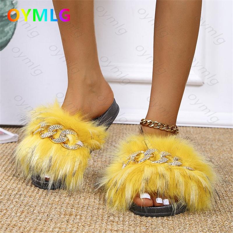 

Slippers 2021 Autumn Low Cut Shallow Mouth Hairy Metal Chain Flat Sandals And Women Furry, Black