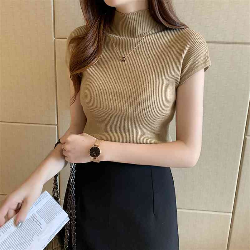 

HELIAR Women Knitted T-shirts O-Neck Tees Plain Tops Solid Knitted Short Sleeve Casual O-neck T-Shirts For Women Summer 210722, White