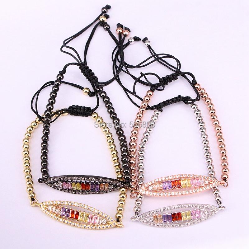 Charm Bracelets 6PCS ZYZ-B0605 CZ Stone Oval Bar Shape Macrame Bracelet Adjustable Rainbow Jewelry-image-705218364