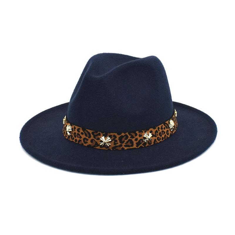 

Wide Brim Hats Leopard Elastic Ribbon Woolen Top Hat Man British Retro Fashion Jazz Shade Fedora For Women