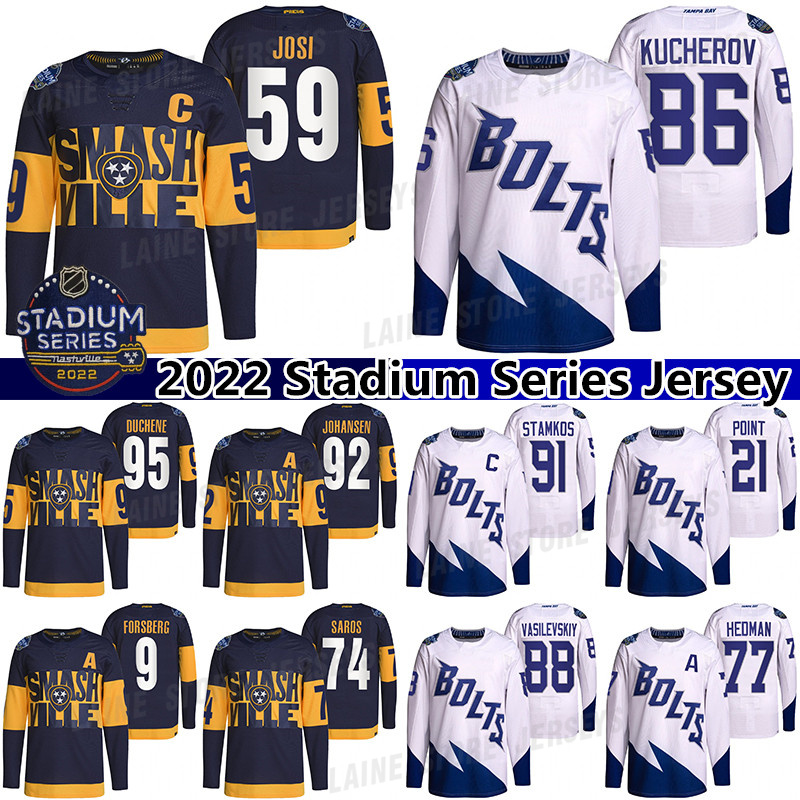 

2022 Stadium Series Tampa Bay Lightning Nashville Predators Jersey 59 Roman Josi 95 Matt Duchene 86 Nikita Kucherov 77 Victor Hedman 21 Brayden Point hockey jerseys, Navy blue