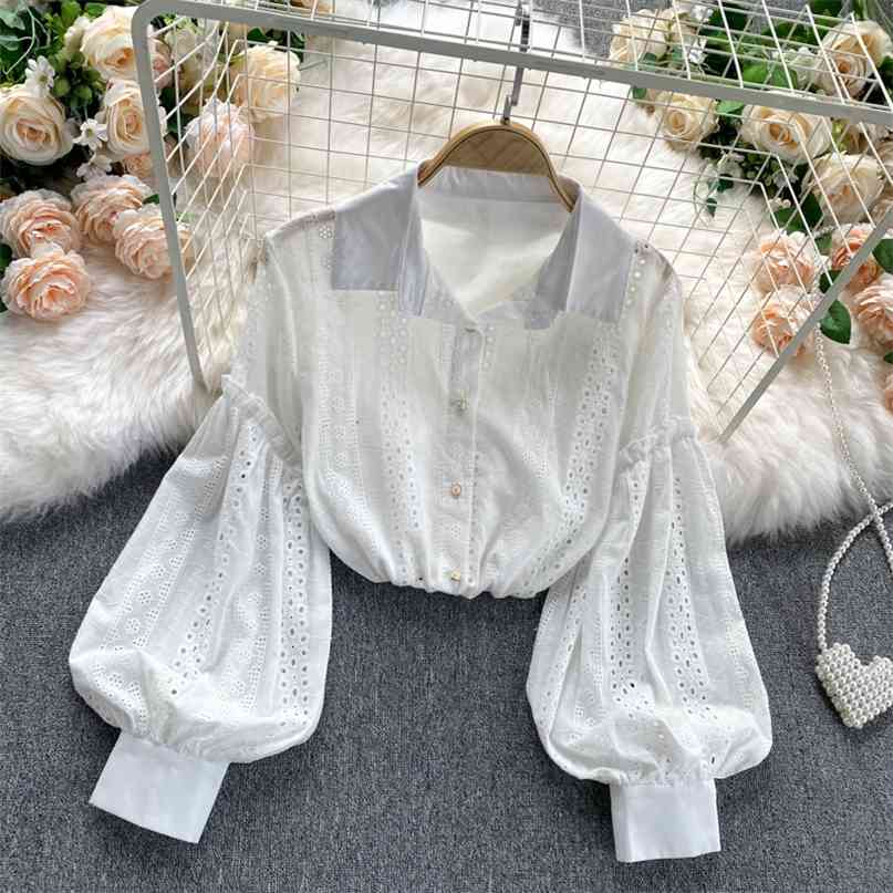

White Shirt Lapel Collar Lantern Sleeve Women Blouse Elegant Lady Hollow Out Embroidery Lace Female Tops Blusas 210603
