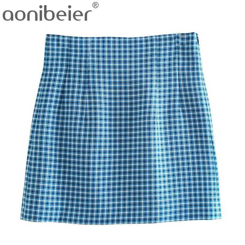 

Female Casua Checked Skirts Spring Autumn Women High Waist A-Line Mini Office Lady Package Hip Plaid 210604, Skirt