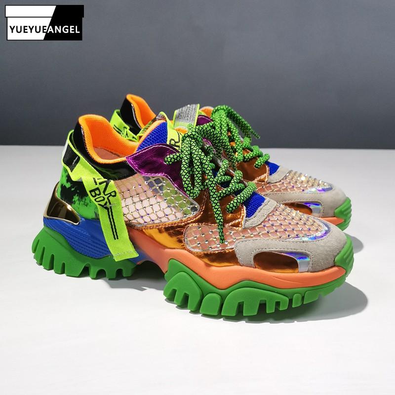 

Dress Shoes Real Leather Diamonds Breathable Platform Sneakers Women Designer Mesh Splice Hollow Out Height Increased Hip-Hop, Black