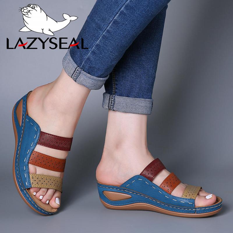 

Slippers LazySeal 2021 Slides Platform Wedge Hollow Height Increasing Shoes Women Mules Wedges House, Black