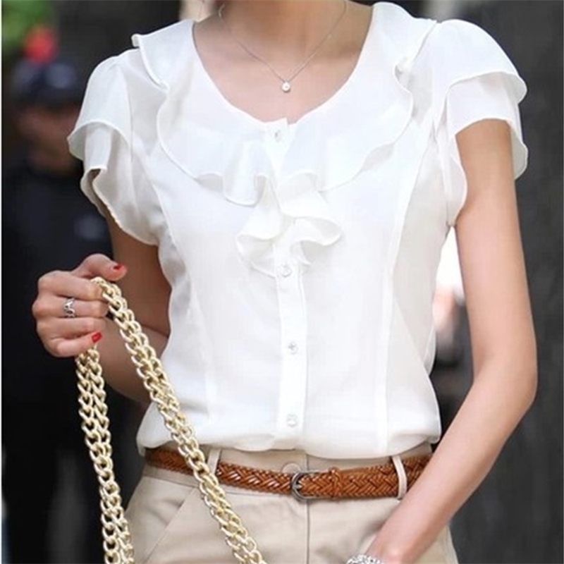 

Women OL Ruffle Chiffon Blouse White Shirt Female Short Butterfly Sleeve Plus Size 5XL Tops Feminina Blusas 210719