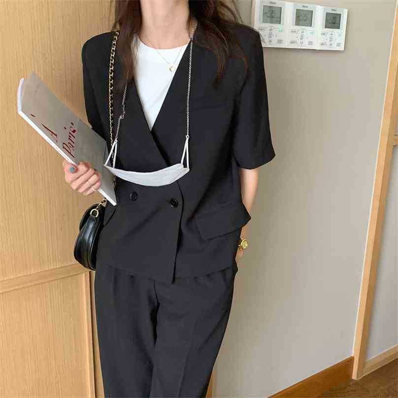 

Black Solid Short Sleeves Plus Summer V-Neck Gentle Blazers +OL Loose Casual Straight Pants Suits Two Piece Sets 210525, Photo color