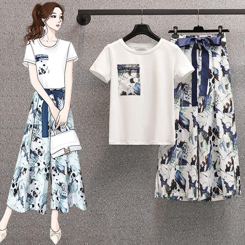 

plus size sets trousers womenpant summer chiffon high waist wide leg pants casual white t shirt two piece suit