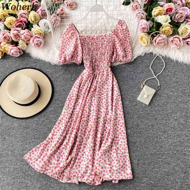 

Summer Elegant Floral Dress Women Slim A Line Puff Sleeve Square Collar Dresses Ladies Korean Beach Robe Vestido 210519, Light blue