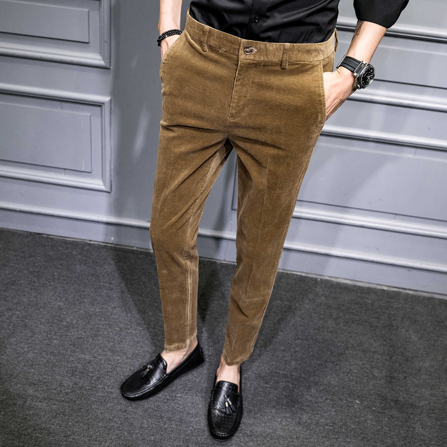 

Luxury Corduroy Men Suit Pants Casual Slim Fit Business Dress Pants Autumn Winter Formal Office Social Trousers Pantalon Homme 210527, Khaki