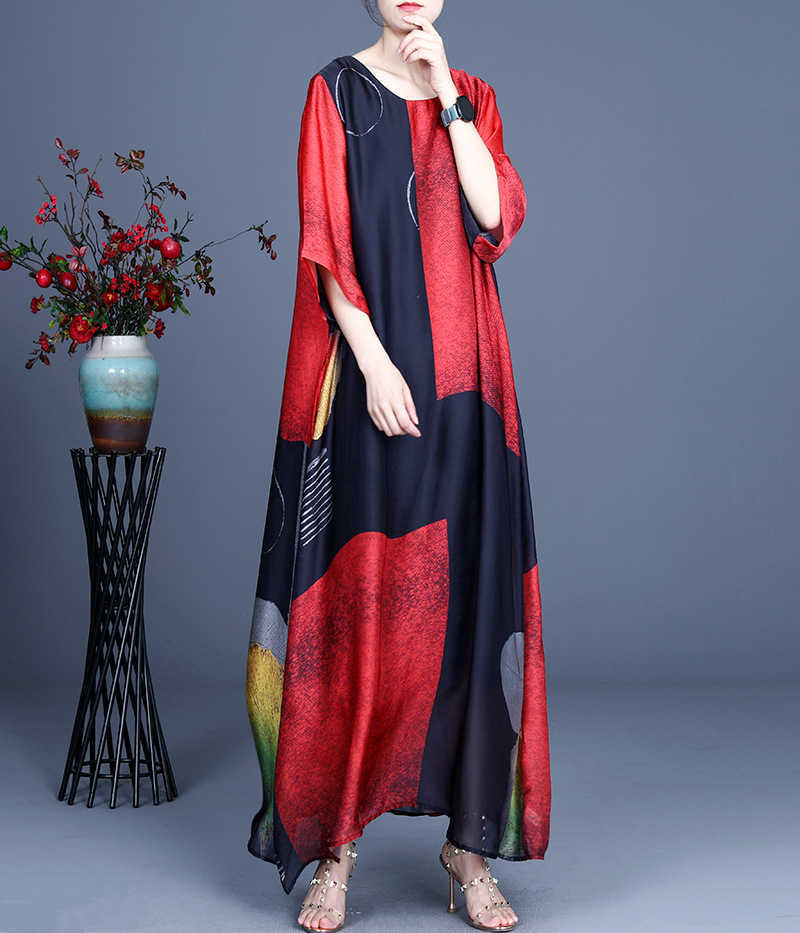 

VANOVICH Summer Pluz Size Women's Dress Fashion Cotton Casual Irregular Round Collar Printed Women Clothing 210615, Red