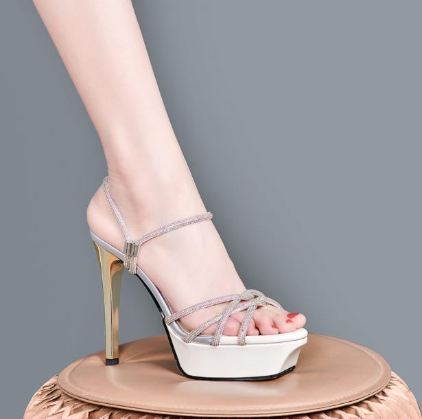 

Sandals 2021 Leather Women's Fashion Rhinestone Roman High-heeled Waterproof Platform Thin Strap Non-slip, Black