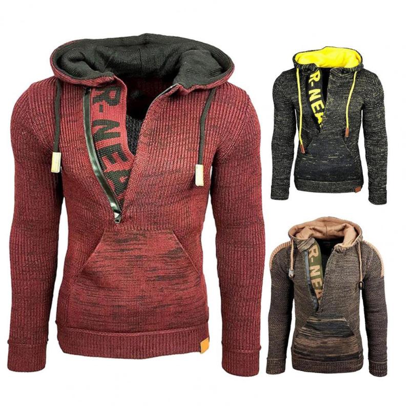 

Men's Sweaters Warm Fabulous Patchwork Big Pocket Sweater Hoodie All Match Men Long Sleeve For Home, Green brown