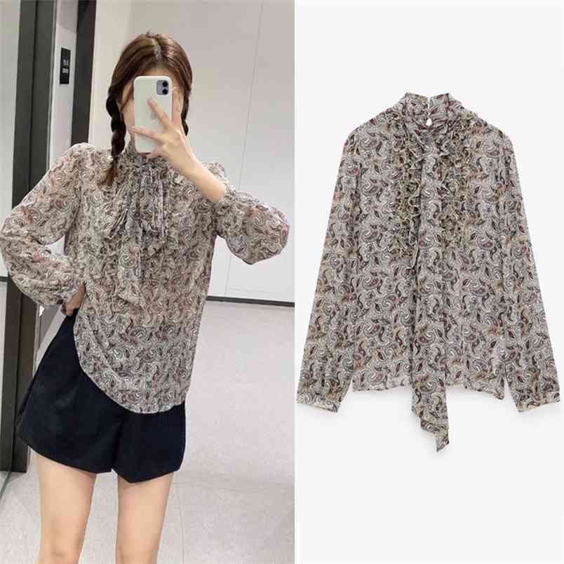 

Blouse Women Bow Printed Woman Vintage High Neck Tied Ruffle Long Sleeve Top Fashion Back Button Laddies Tops 210519, Print