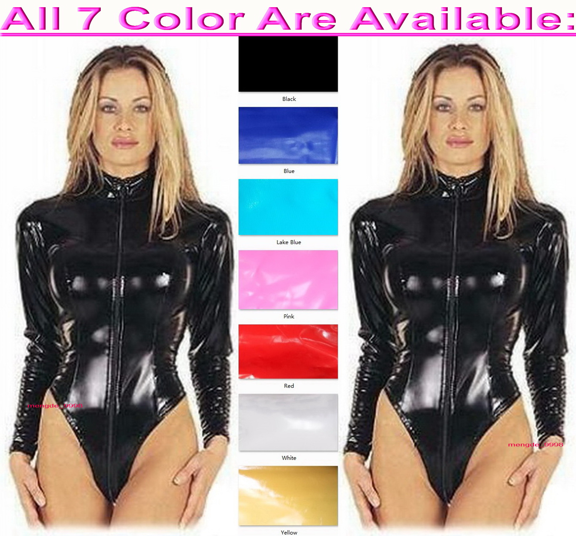

Unisex Short Body Suit Costumes Front Long Zipper 7 Color Shiny PVC Catsuit Sexy Women Men Costume Halloween Party Fancy Dress Cosplay Bodysuit M746, Black