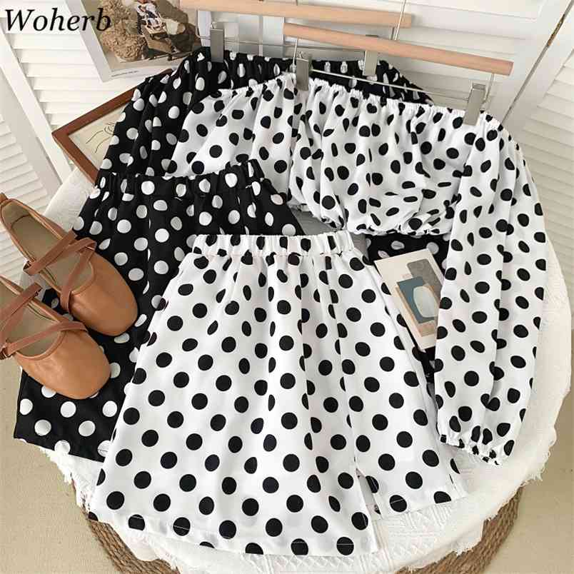 

Fashion Two-piece Sets Women Polka-dot Slash Neck Crop Tops High-waist Thin Irregular Mini Skirt Sexy Slim Suits Female 210519, Black