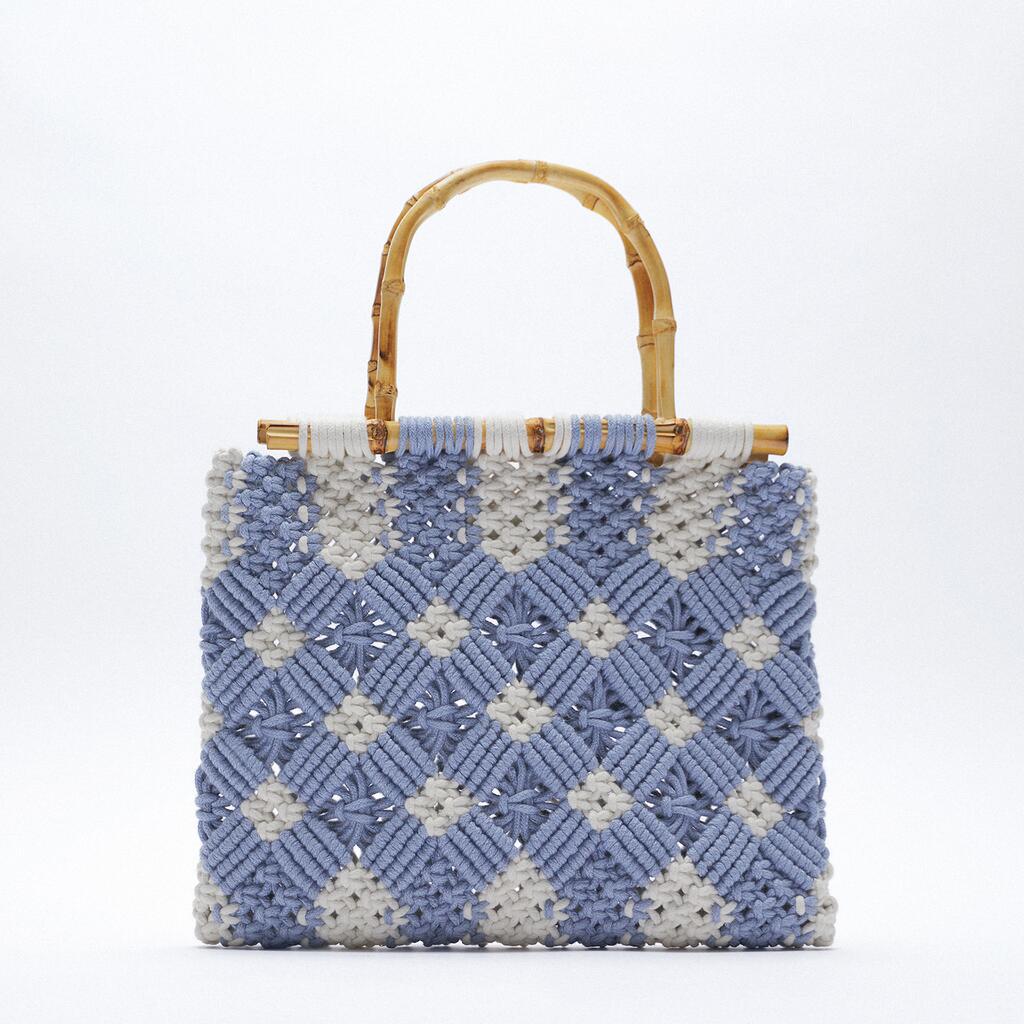 

Cotton rope woven Tote bag fresh style new women's bag flower bamboo handle blue handbag shopping bags soft purse
