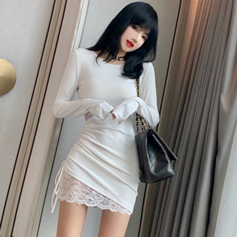 

WOMENGAGA Pleated Long Sleeve High Waist Thin Mini Dress Lace Mesh Drawstring Korean Sexy Women's Fashion Base Dresses J1RQ 210603, White