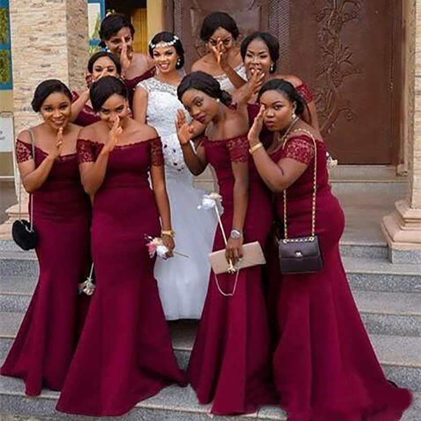

2021 African Girl Dark Red Off the Shoulder Lace Sleeves Mermaid Bridesmaid Dresses Custom Made Satin Maid Of Honor Gowns