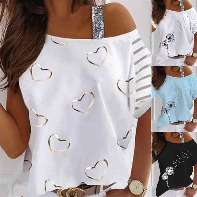 

Summer Women Sequined Floral Shirt Sexy Plus Size Fashion Loose Off Shoulder Casual Round Neck Short Sleeve Top Streewear 210708, Black
