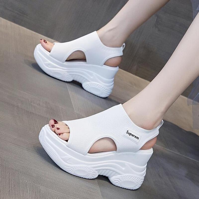 

Summer Sandals Women's Casual Fashion High Heel 8.5cm Thick-soled Wedges With Net Flying Woven Shoes C663 Dress, Black