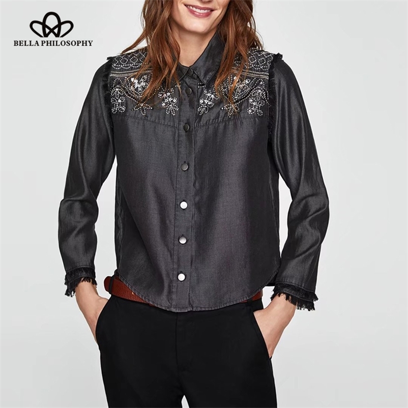 

spring women casual full sleeve blusas embroidery ladies floral blouse turn down collar female black shirt 210519
