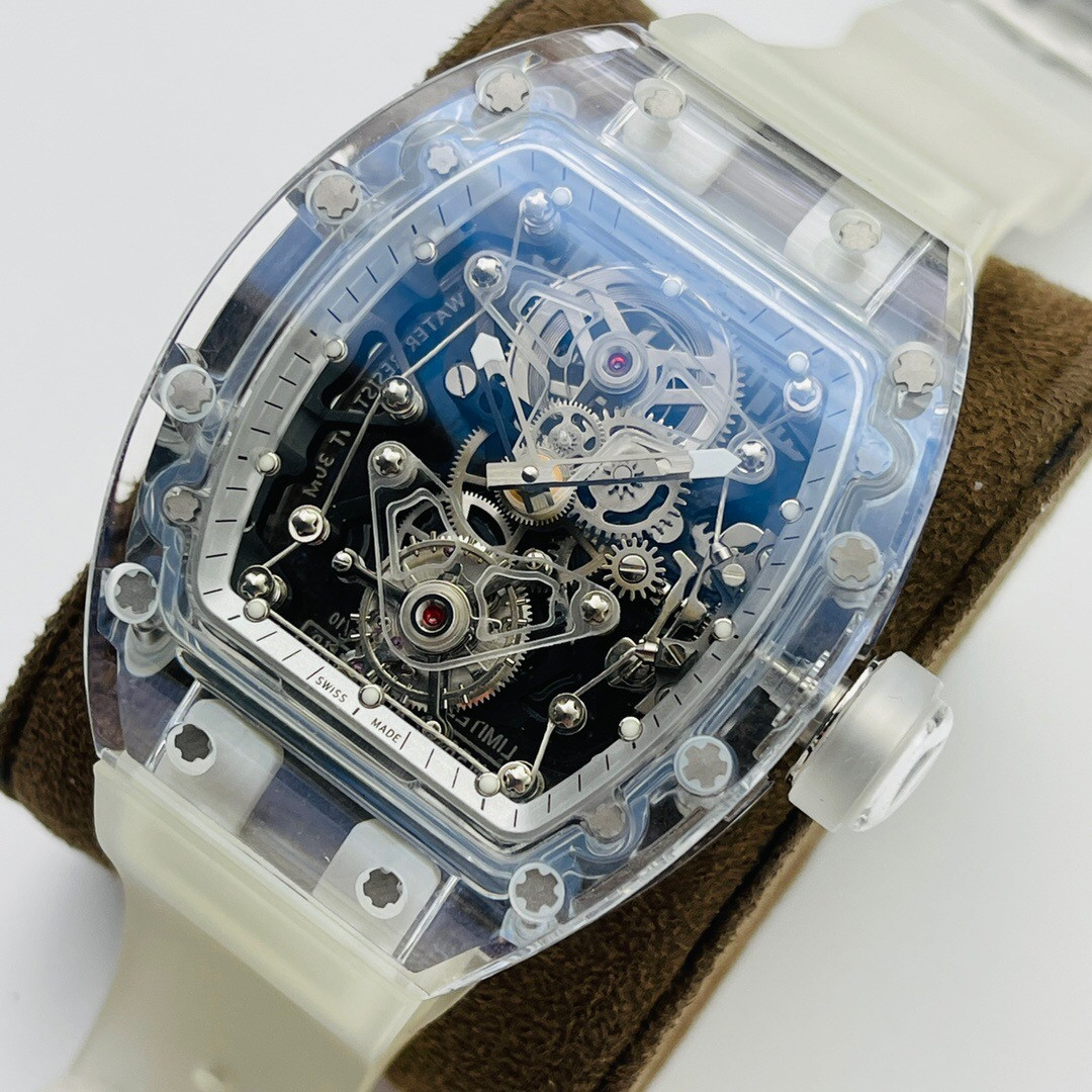 

JB top classwatch artefact RM056 snow coloured glass wrist watch EUR Tourbillon movement watchcase made by Swiss standa, Slivery;brown
