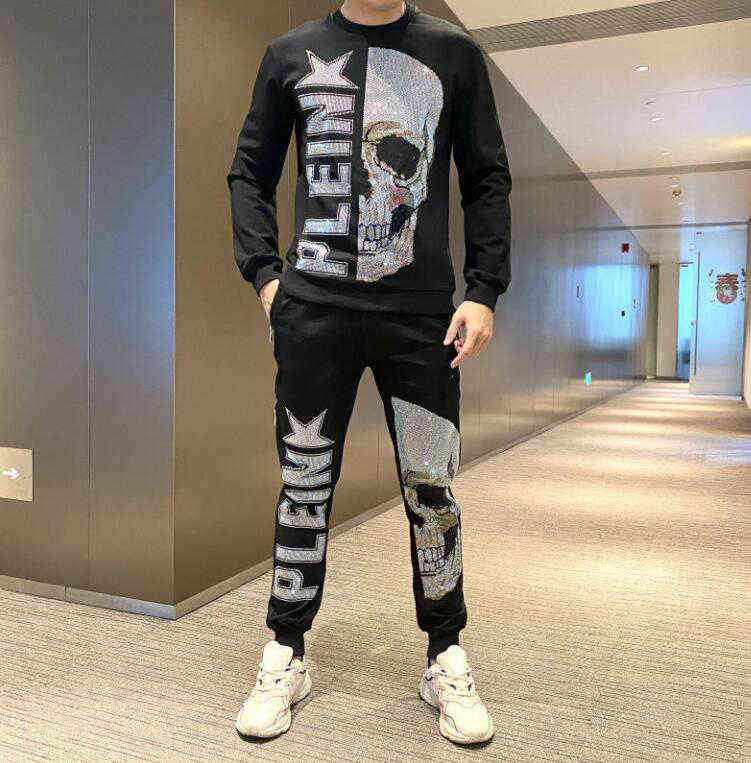 

2021 New Rhinestone Men's Sets Hot drill Hoodie+Pants Two Pieces Casual Tracksuit Male Sportswear Brand Clothing Sweat Suit G1209, Color as shown