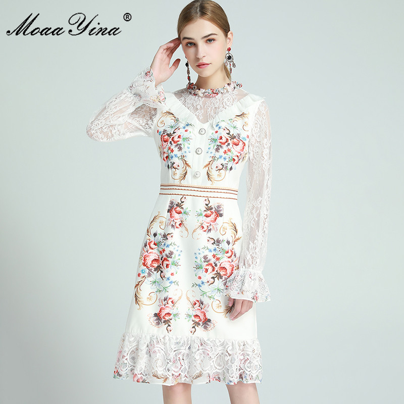 

Fashion Designer dress Spring Women's Dress Lace Long Sleeve Ruffles Vintage Floral-Print Elegant Dresses 210524, Beige
