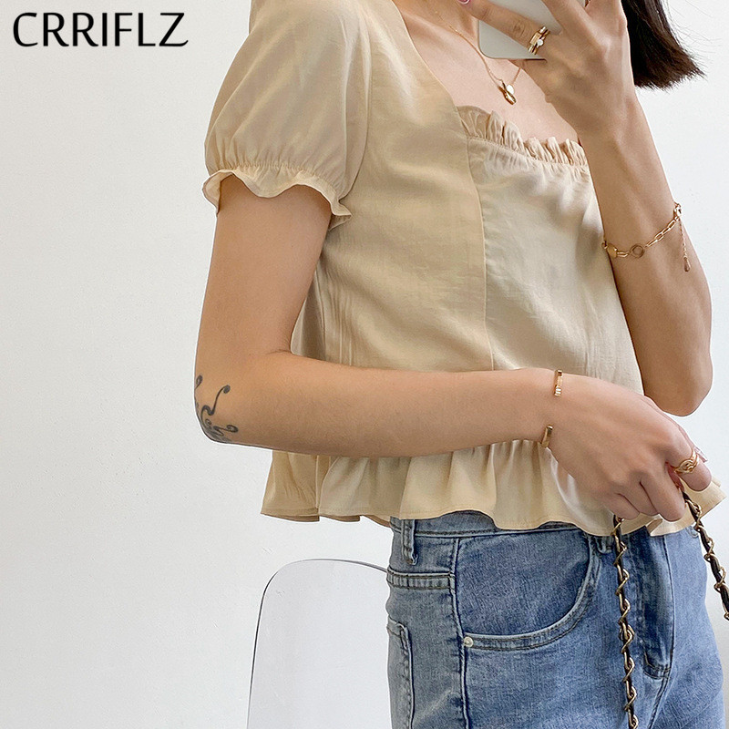 

Summer Puff Sleeve Short Shirt Top Women Casual Square Collar Solid Chiffon Tops CRRIFLZ 210520, Apricot