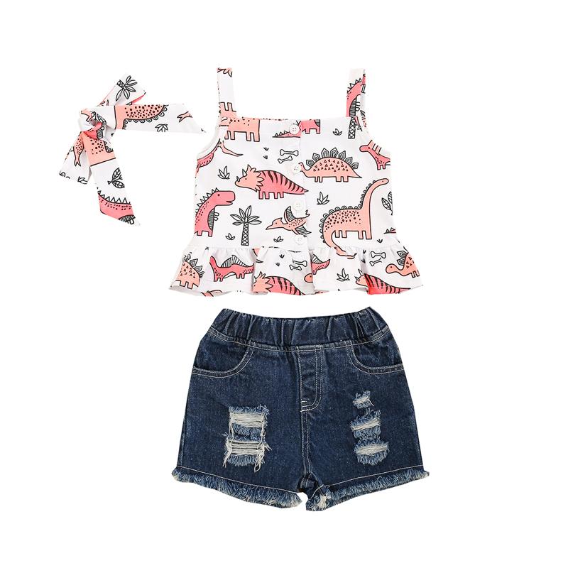 

Clothing Sets Kids Baby Girls 3Pcs Outfit Summer Set Sleeveless Cartoon Print Vest Tops+Ripped Denim Shorts+Headband Outfits, As pic
