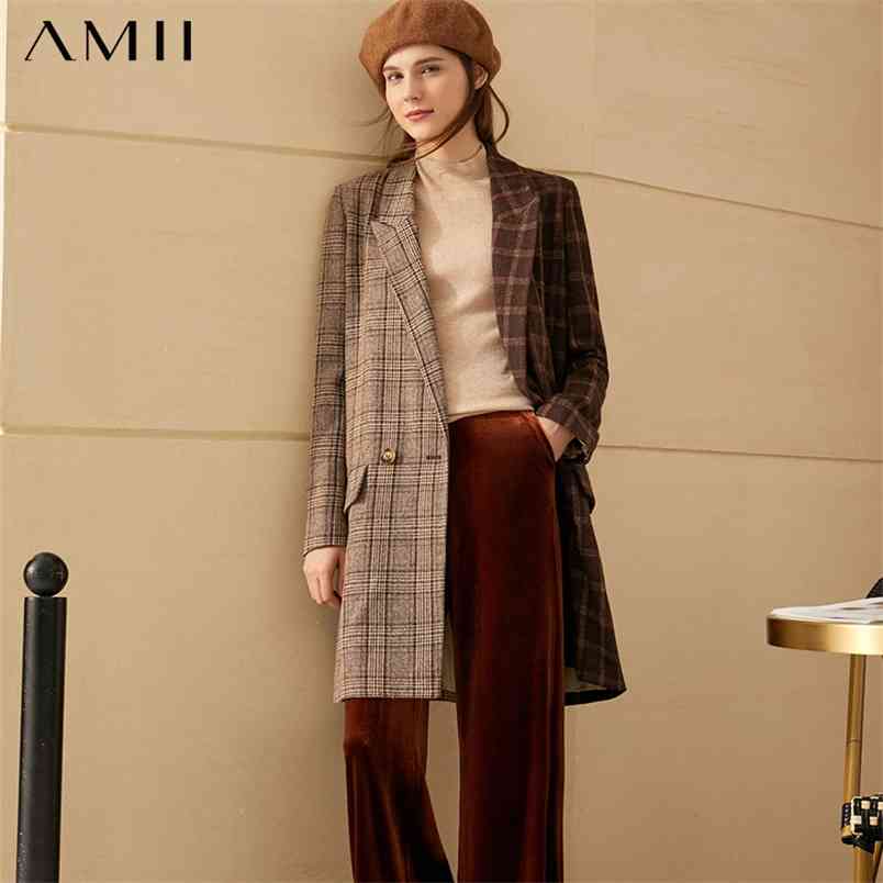 

Minimalism Autumn Winter Vintage Blazer Women Fashion Lapel Plaid Double breasted Jacket Female Coat 12040938 210527, Coffee