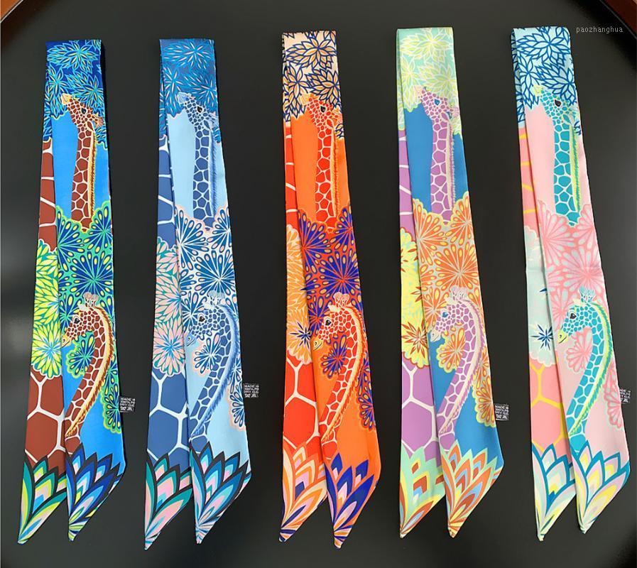

Scarves Design Multi-function Skinny Giraffe Printed For Ladies Silk Thin And Long Scarf Heandband Female Kerchief, Blue;gray