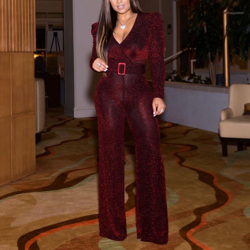 

Women' Jumpsuits & Rompers Jumpsuit Women 2021 Elegant Long Sleeve Spring Autumn Shinny V Neck Pants For Office Work Business Fashion Ladie, Gold