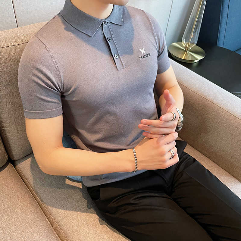 

Summer Knitted POLO Shirts Men Solid Color Business Formal Social Polos Short Sleeve Casual Slim Streetwear Polo Hombre 210527, Black