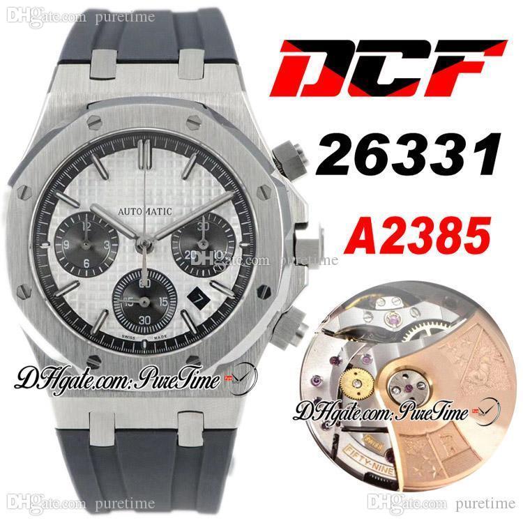 

DCF 26331 CAL A2385 Automatic Chronograph Mens Watch White Textured Panda Dial Stick Markers Black Rubber Super Edition PTPA Puretime b2, Slivery;brown