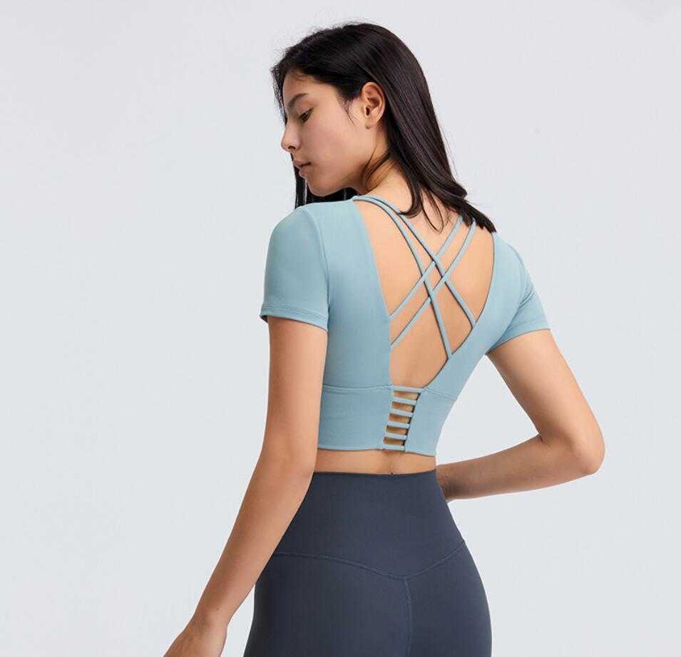

Crop Top Women Yoga Shirts Padded Bra Tops Short Sleeve LU-83 Solid Color Soft High Quality Gym Clothes Sports T-shirt, Black