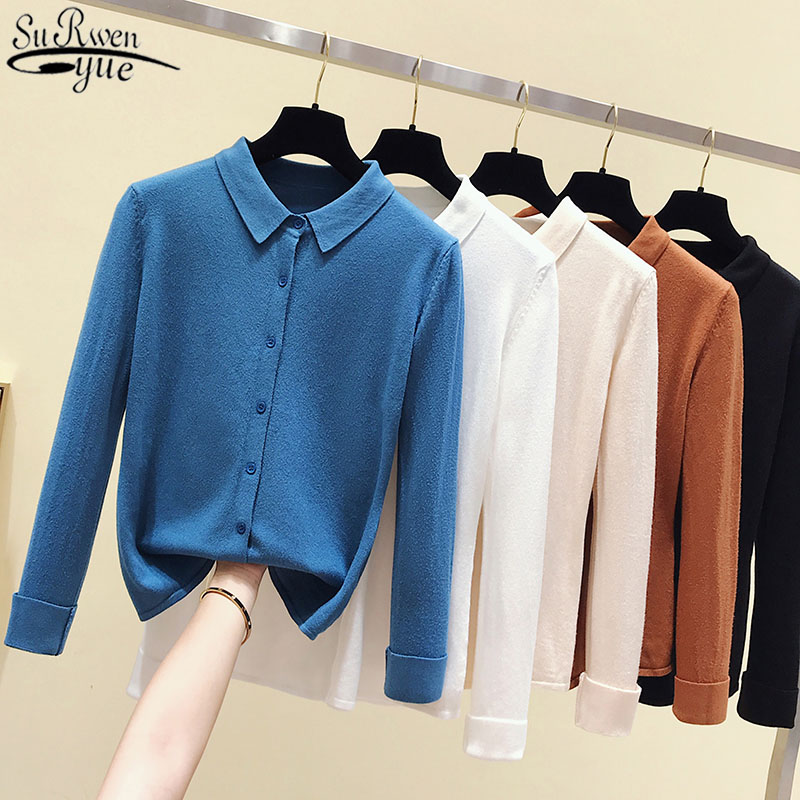 

Autumn Sweater Collar Knitted Cardigan for Women Long Sleeve Loose Polo Women Bottoming Shirt Wool Sweater Women Knit Coat 11181, Blue