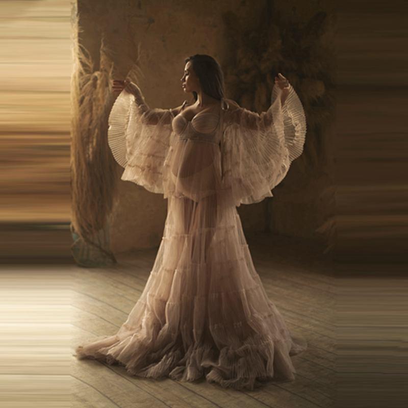 

Casual Dresses Pretty Pleated Tulle Maternity Women Dress With Flare Long Sleeves Charming See Thru Mesh Gowns To Po Shoot, Beige