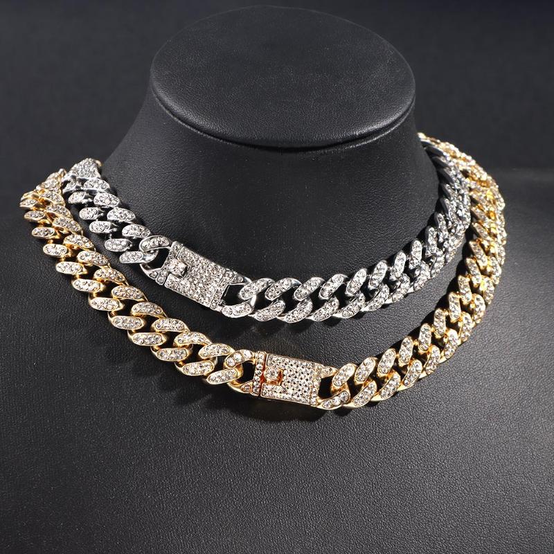 

Chains Iced Out Crystal Cuban Choker Chunky Necklaces For Women Gold Silver Color Bling Rhinestone Metal Hip Hop Rock Jewelry