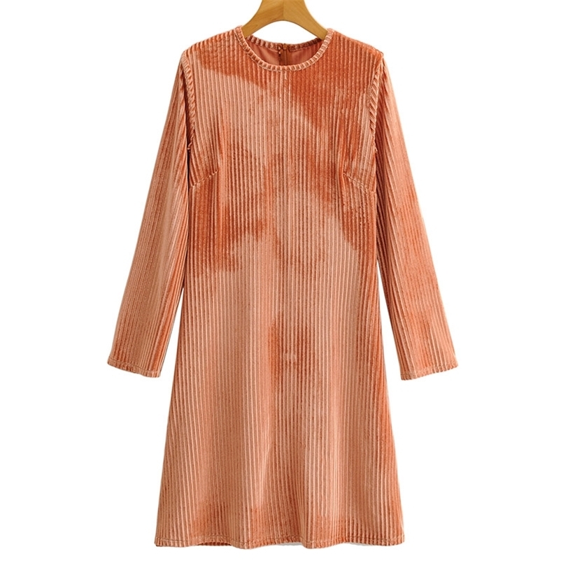 

Summer Women O-neck Solid Color Female Long Sleeve Casual Pleated Dresses High Quality A-Line Size L 210524, Orange
