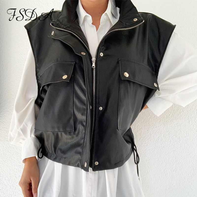 

sleeveless 2021 pu leather jacket vest women black zipper autumn winter khaki pocket casual coat short loose waistcoat, Black;white