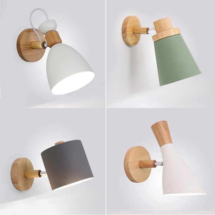

Macarons wall lamp Modern Simple Nordic Bedroom Bedside Lamps Rotationr Solid wood Wall Light