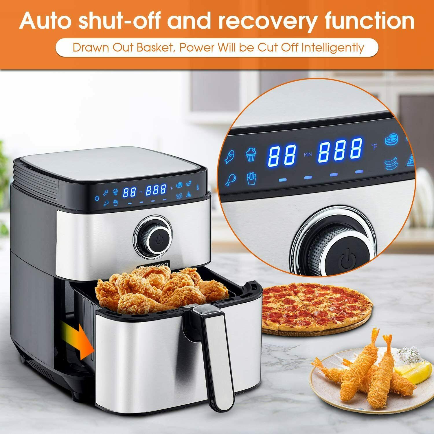 

MOOSOO High Power 1500W 4.7 QT Stainless Steel Air Fryers Oven LED display Screen with Time/Temp Control Auto Overheat Protection+Auto Shut Off Feature Nonstick Basket