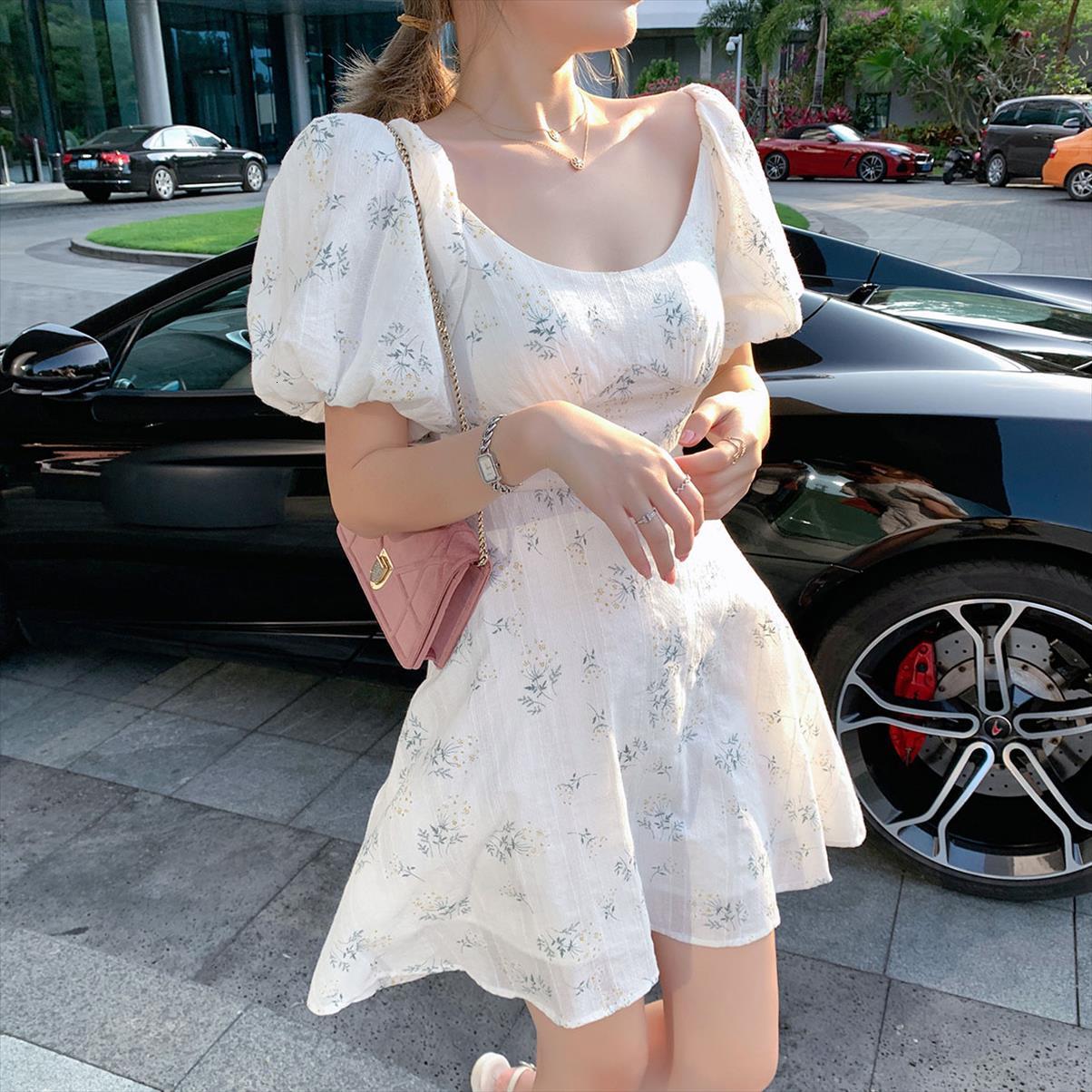 

puff sleeve french floral print womens dress maxi mini office japan style kawaii elegant for women summer, Black;gray